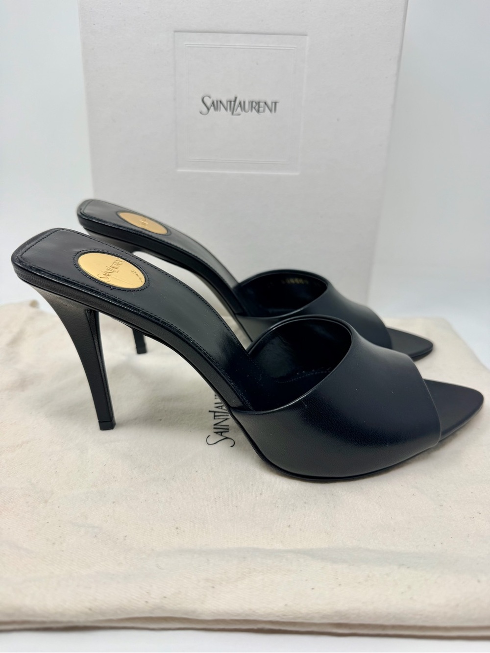Saint Laurent Black Leather Open-Toe Mules with Gold Logo Medallion - Picture 7 of 9